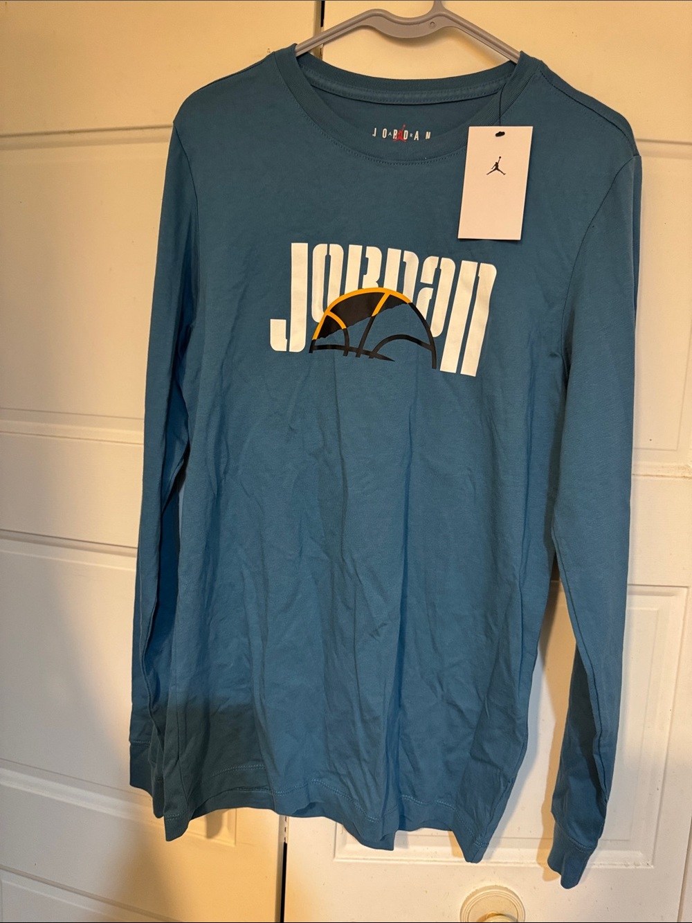 Jordan Men’s Long-Sleeve Graphic Tee in Teal with White and Black Logo